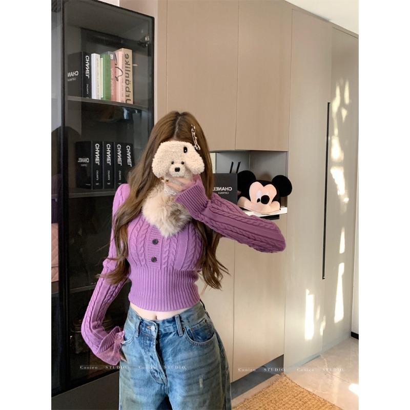 Осень и Зима Новый Горячий Девушка Приталенный Вязаный Свитер с Перекрутом и Завышенной Талией Модный Высококлассный Универсальный для Женщин