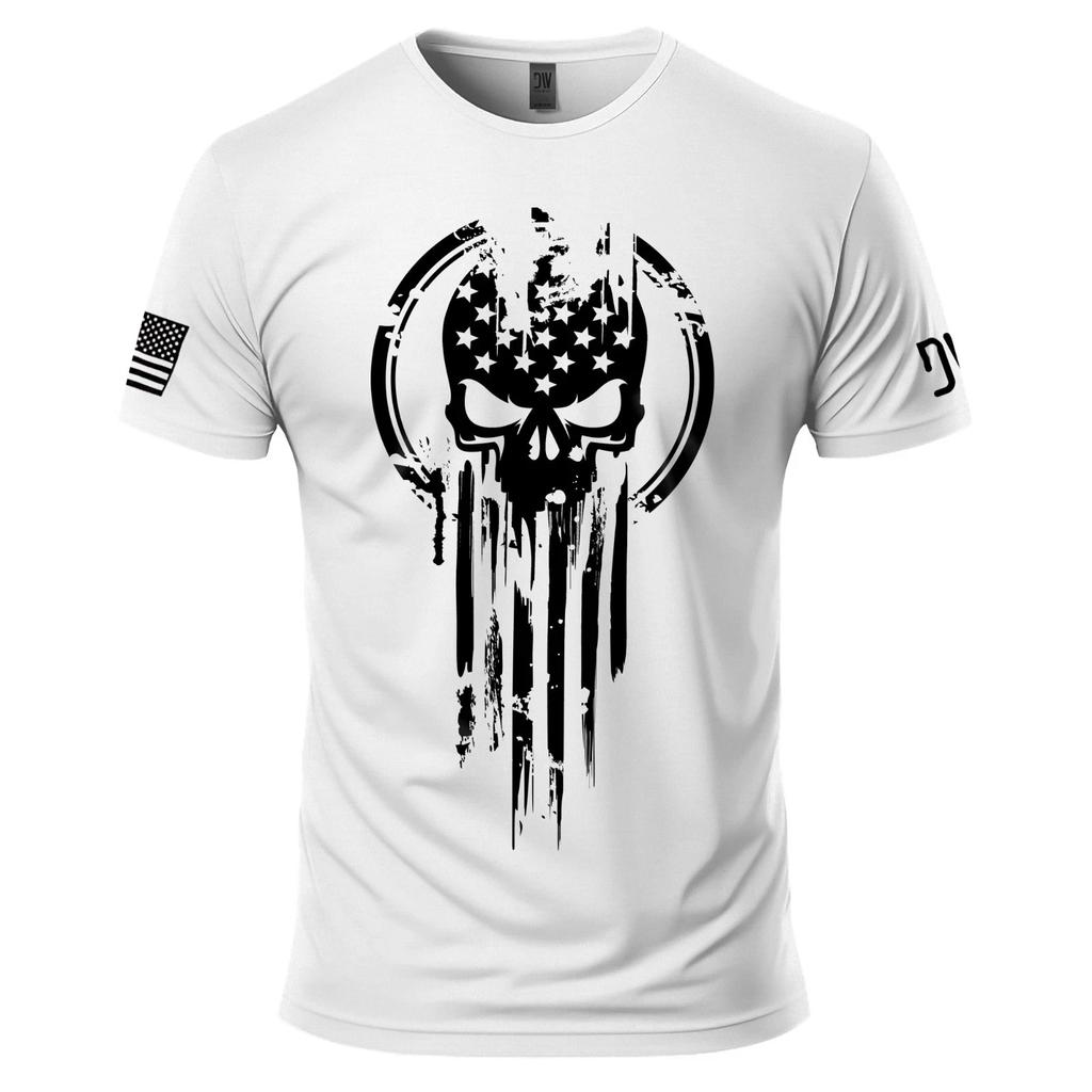 American Warrior Skull T-Shirt Military Patriotic Tee 100% Cotton S-3XL
