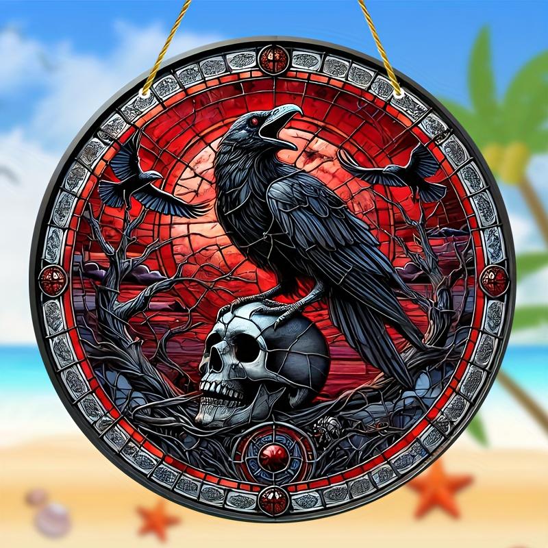 Crow Suncatcher 8"x8" - красочное искусство черепа для окон и стен, идеально подходит для любого сезона, декор крыльца и сада, идеальный подарок, украшения на Хэллоуин