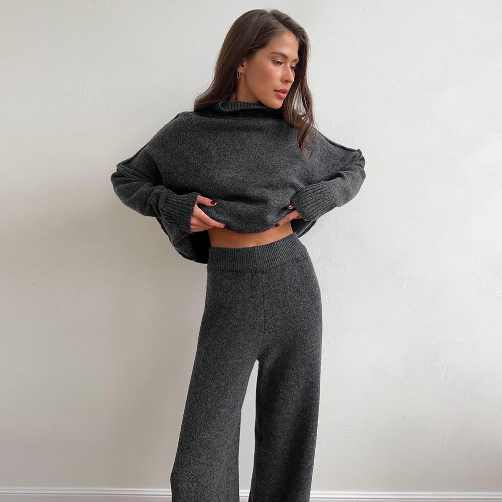 Women's Autumn/Winter High-Neck Sweater and Knit Pants Set - European/American Style, Loose Fit, Thick, Casual