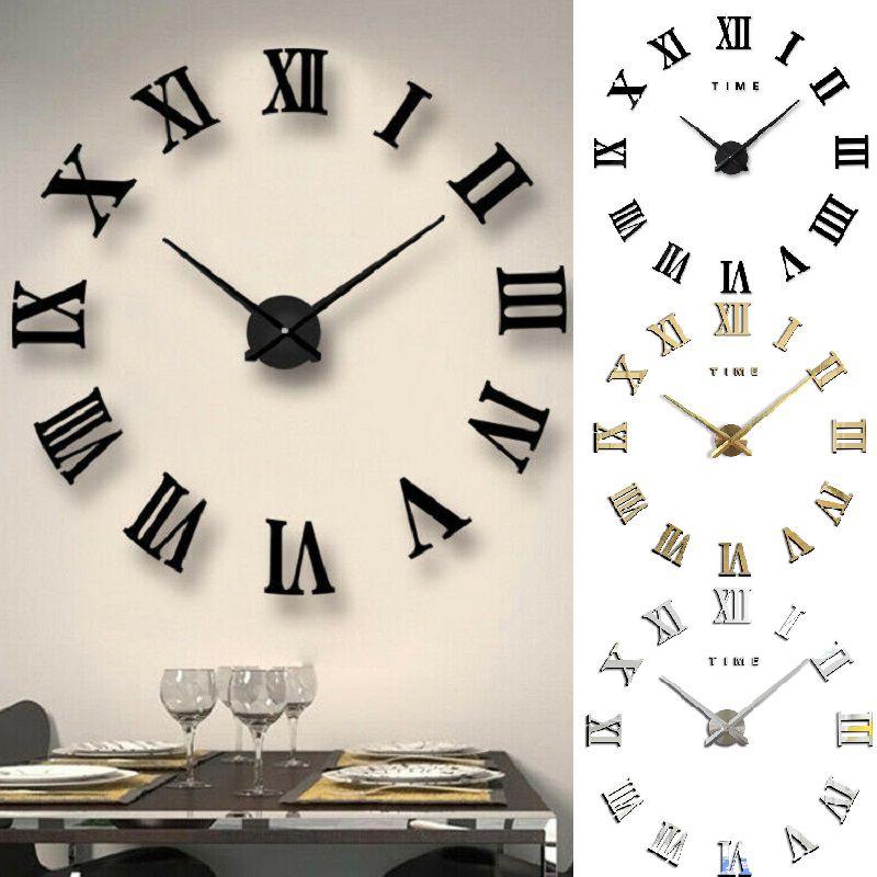 Extra 3d Diy Large Roman Numerals Luxury Mirror Wall Sticker Clock Home Decor