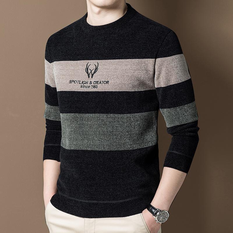 Мужской зимний свитер на флисовой подкладке, теплый вязаный облегающий базовый слой из шенилла.