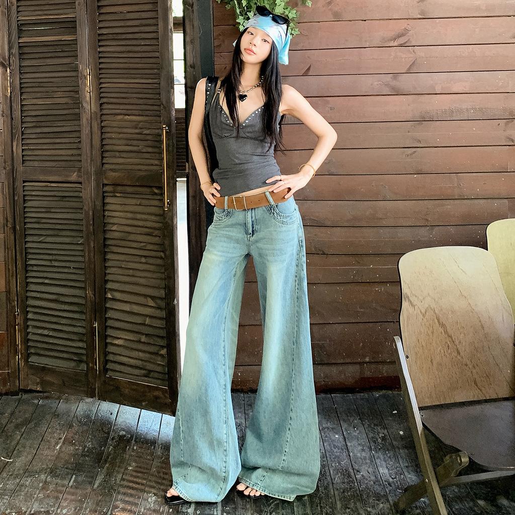 American retro low-rise three-dimensional cutting loose and thin without sticking to the legs jeans mopping flared pants women