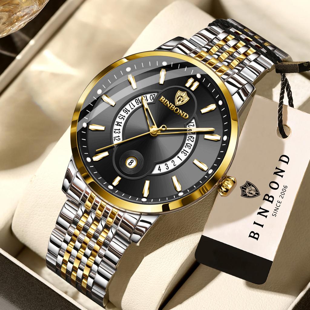 BINBOND Luminous Waterproof Reloj Auto Date Accurate Men's Watch Sturdy Stainless Steel Strap Quartz Wristwatches For Men Luxury