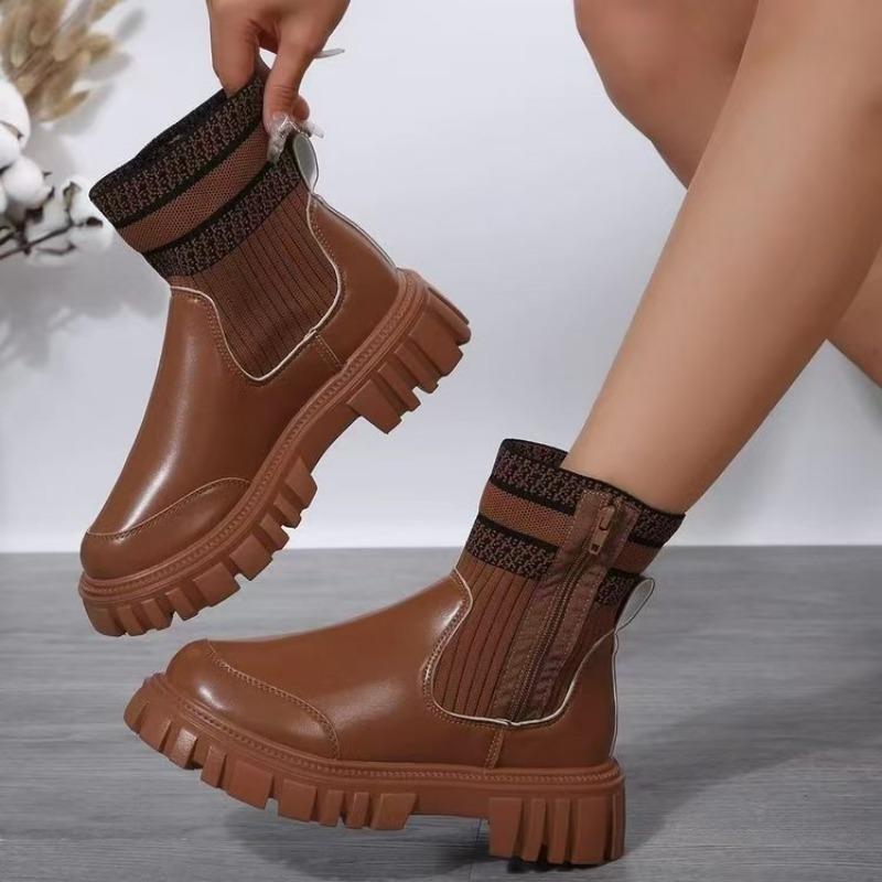 New In Stock Thick Soled Round Toe Elastic Knitted Spliced  Boots for Women European and American Plus Size Warm Socks Boots