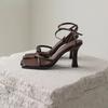 2025 Summer Narrow Band Heel Sandals Women Thick Heel 7 CM Ankle Strap Square Toe Ladies Dress Sandalias Women's Shoes
