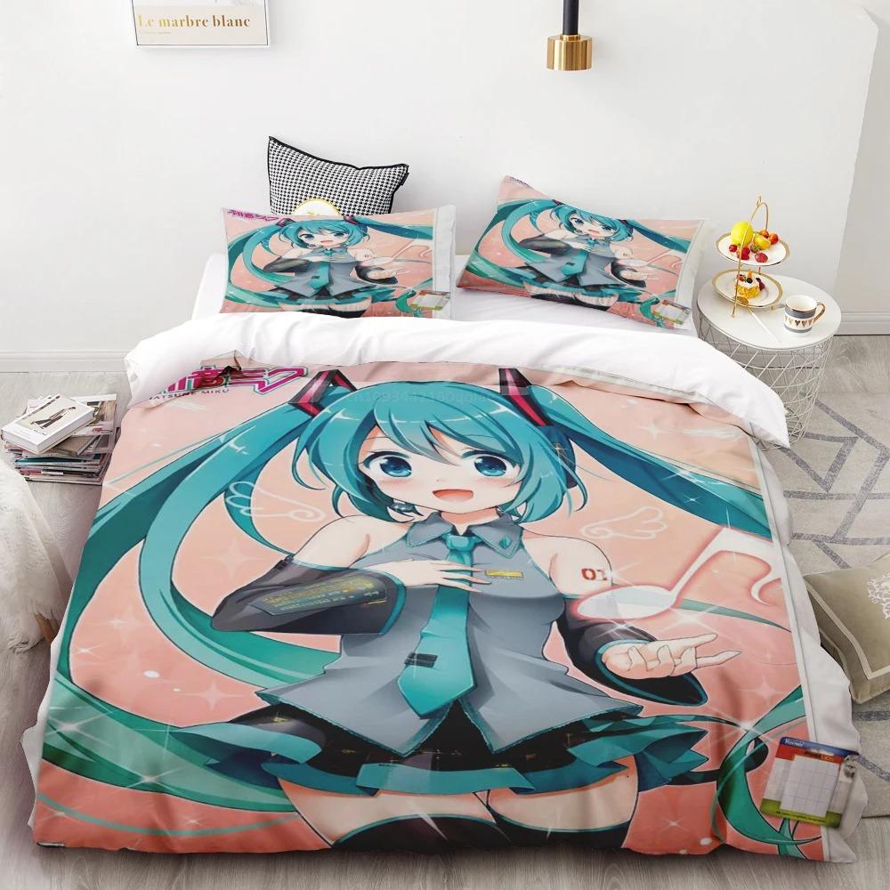 Duvet Cover Hatsune Miku Anime Singer Beautiful Girl Bedding Set Cartoon with 1/2 Pillowcase for Women Men Teens Bedroom