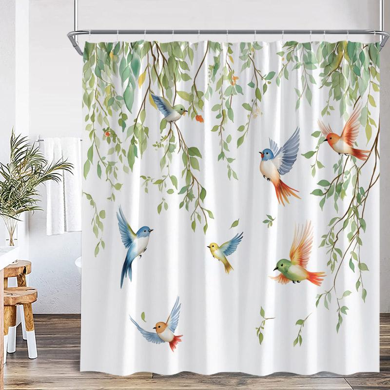 Bird Shower Curtains Colorful Birds On Tree With Green Leaves Farmhouse Bath Curtain Polyester Fabric Bathroom Decor With Hooks