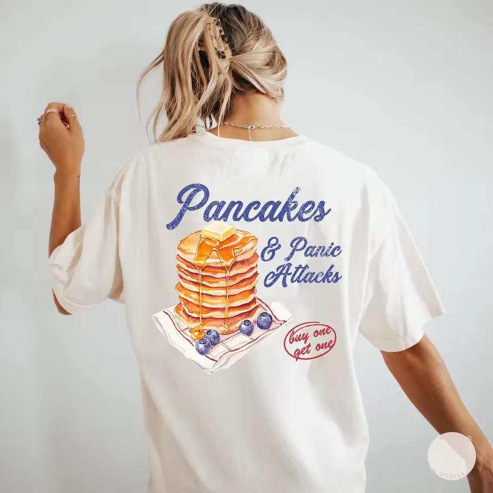 Blueberry Cream Butter Cake Print T-Shirt Vintage Pancakes Graphic Tees Round Neck Y2k Trendy Short Sleeve Top for Women