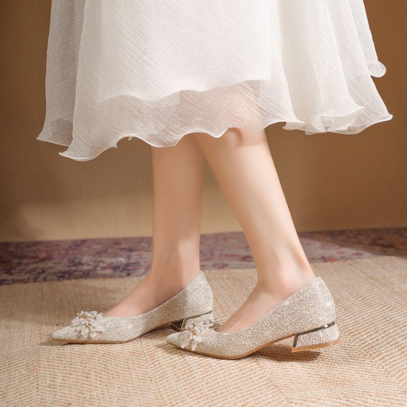 Temperament Advanced Wedding Shoes Thick Heel Single Shoes Women's Bride Shoes 2025 Spring and Summer New Versatile Skirt Single Shoes Women