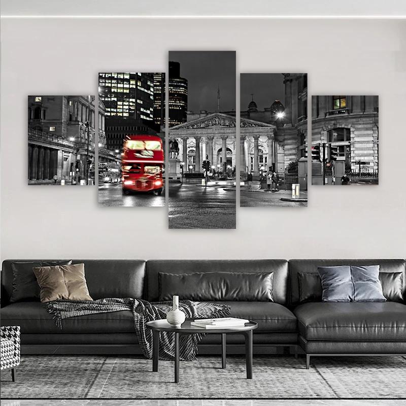 5 Pieces London Street View Posters Red Bus Landscape Canvas Paintings Wall Art for Living Room Pictures Modern Home Decoration