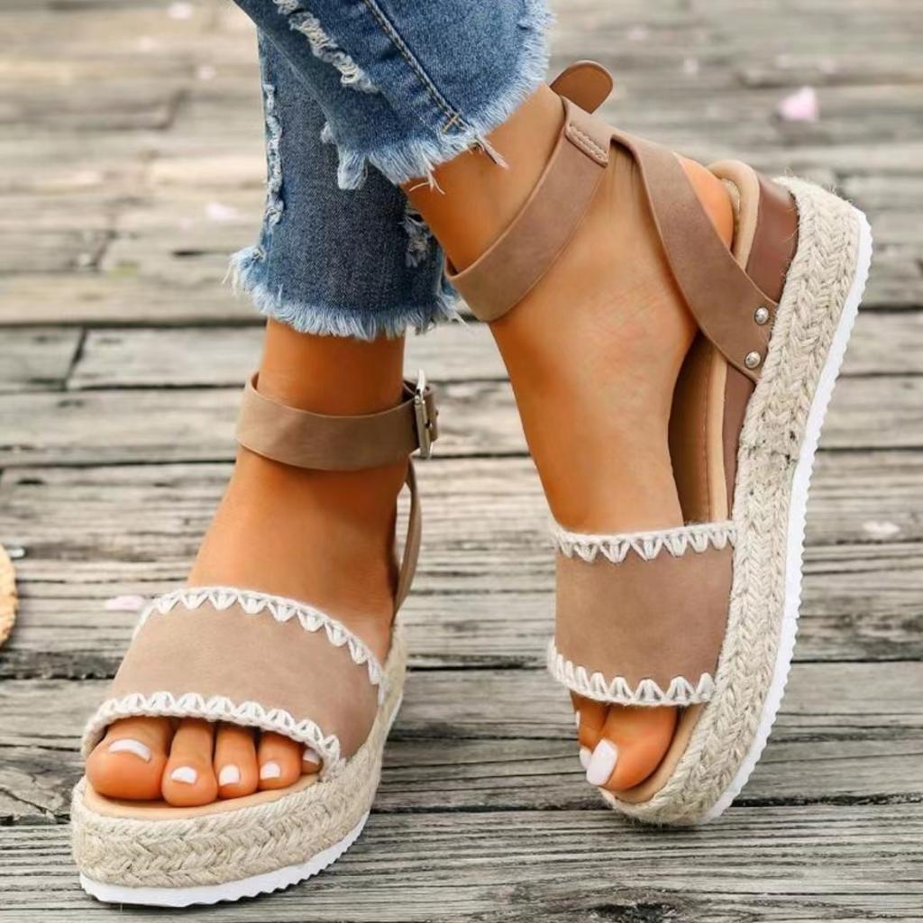 2024 Summer Women Sandals High Heel Sandals Women Open Toe Suit Female Large Size Clogs Wedge Muffins Shoe Buckle Strap Suede Sandals