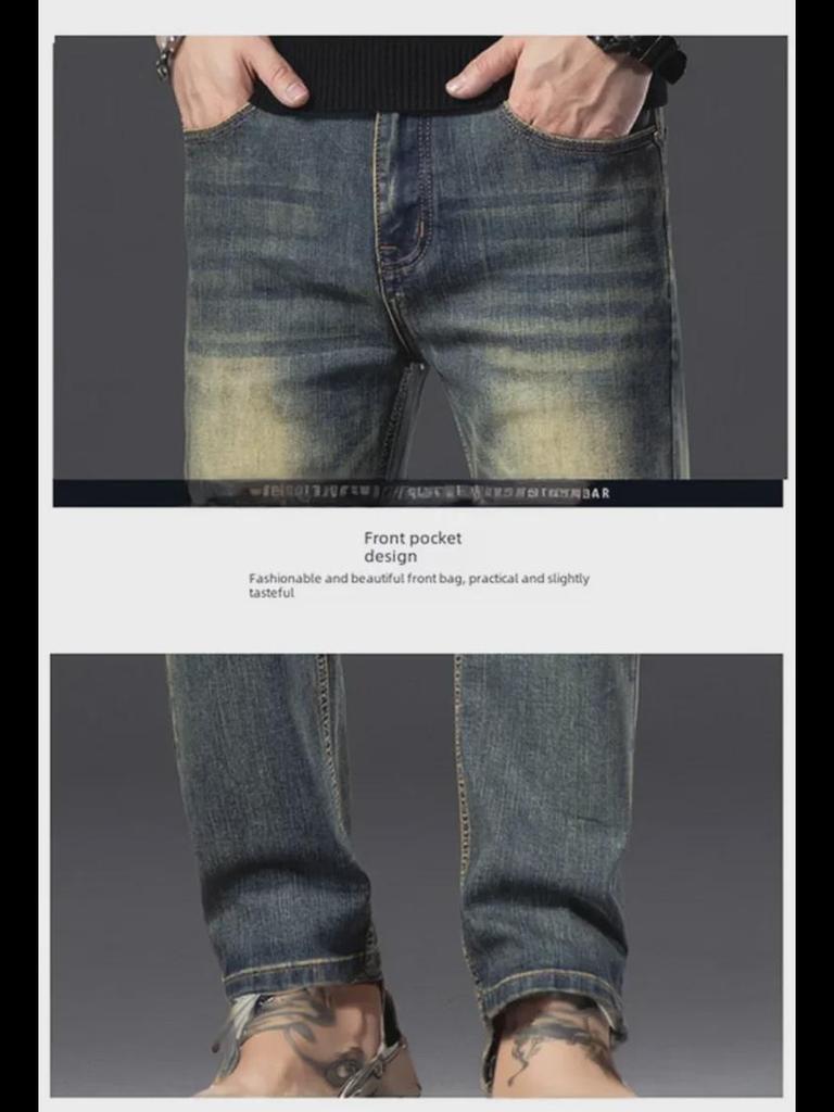 2023 Мужские модные эластичные джинсы с потертостями — повседневные брюки облегающего кроя на осень/зиму