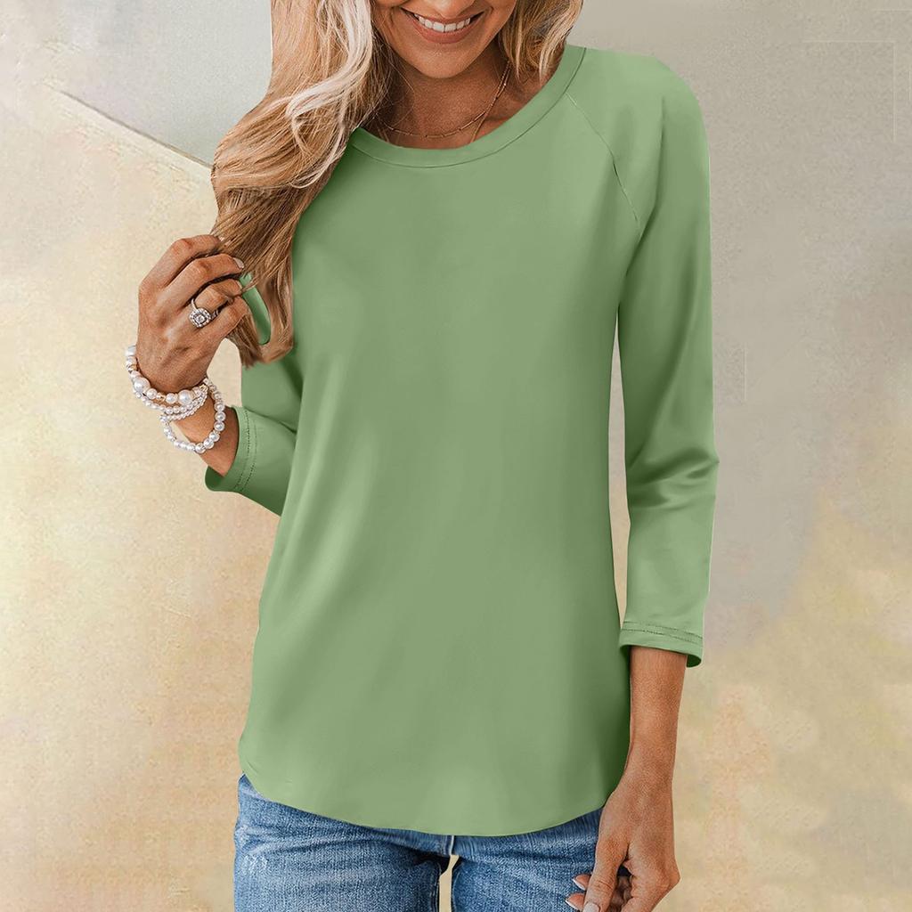 Рубашка для женщин, модная повседневная свободная однотонная футболка с рукавами реглан и круглым вырезом, рукав 3/4, женский топ