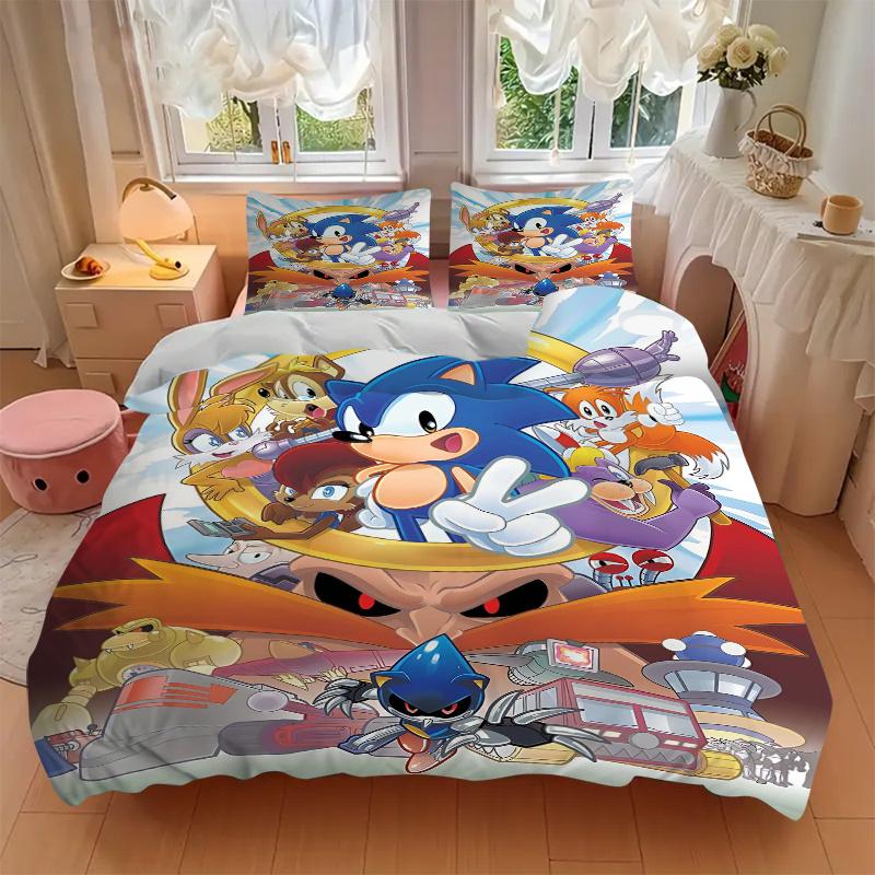 3pcs Sonic the Hedgehog Quilt Cover Set - Soft and Cozy Bedroom, Guest Room and Dorm Decorative Bedding 3-Piece Set 1 Quilt Cover + 2 Pillow Sham