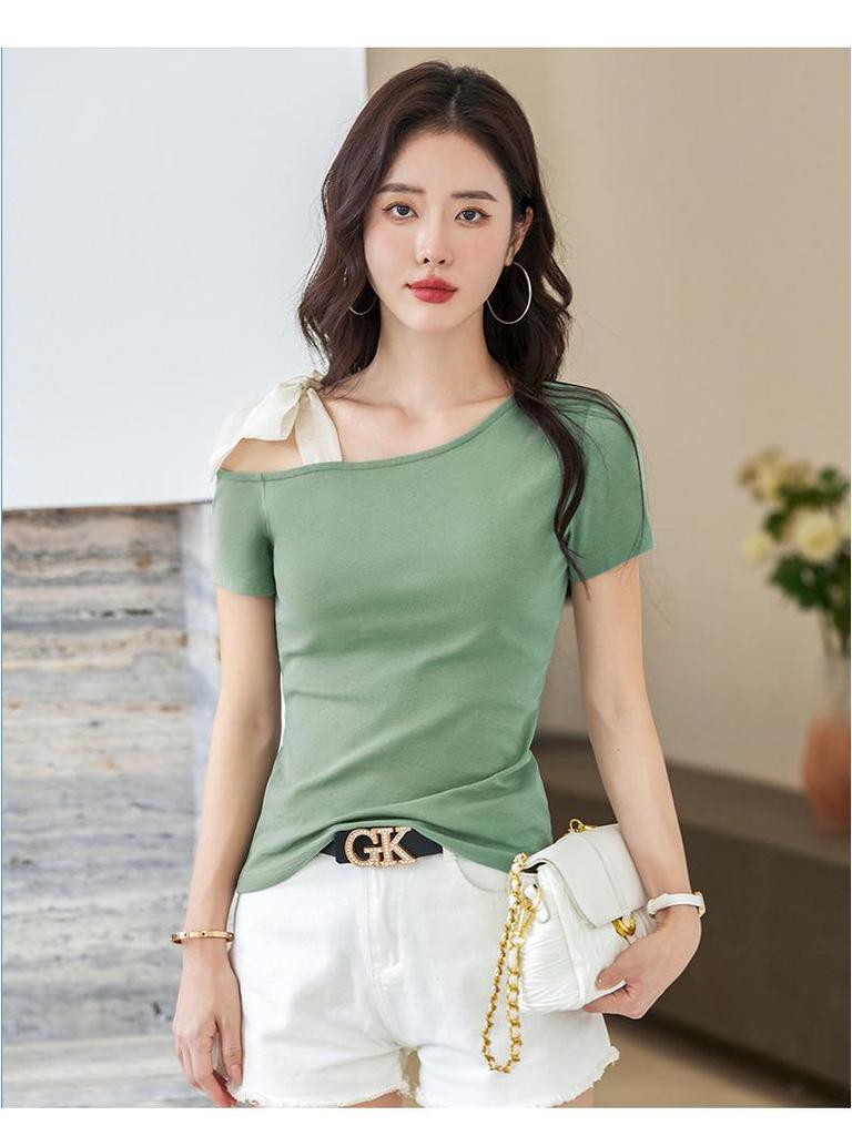 2025 Sexy Korean Off-the-Shoulder Slimming T-Shirt - Women's Cotton Short Sleeve Top