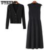 Женские комплекты платьев, вязаный свитер и платье, комплект из двух предметов, весенне-осенний однотонный повседневный трикотаж, джемперы, кардиганы, костюмы