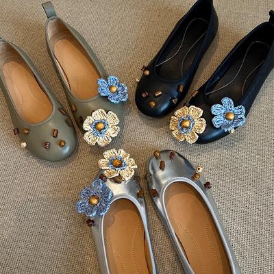 Овчина~ Кожаные туфли Мэри Джейн на плоской подошве женские ретро с цветком мандаринки, с мелким вырезом, одинарные туфли для работы, универсальные балетки