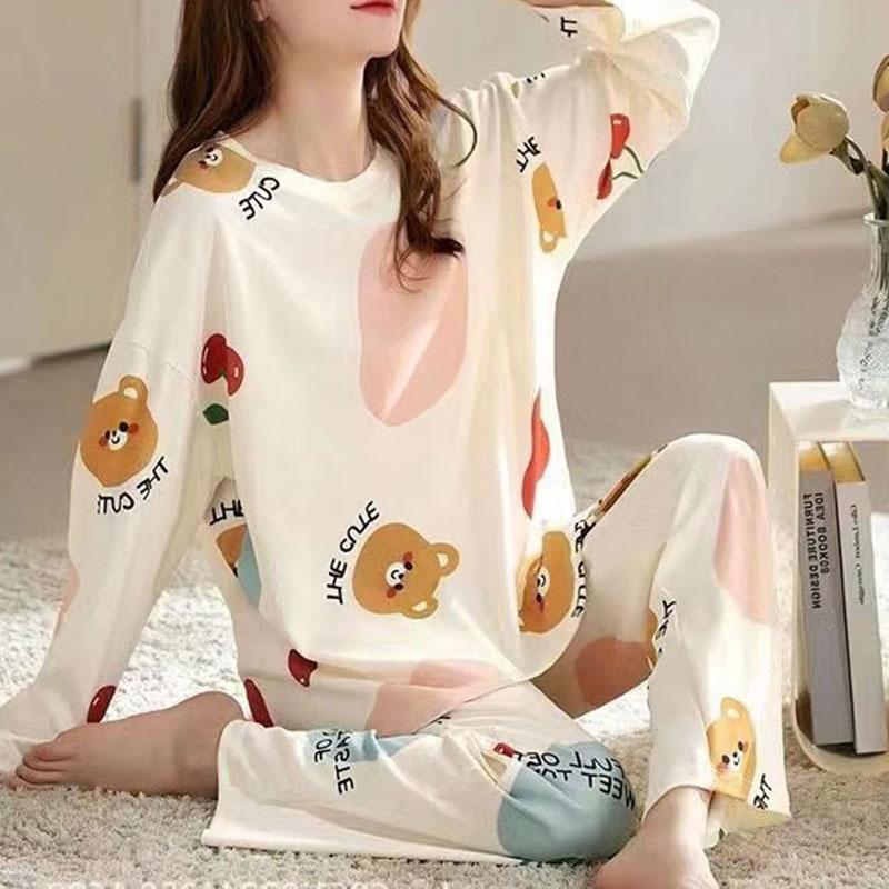 Комплект из 2 предметов, пижама с длинными рукавами, женская шелковая пижама, осенне-зимняя версия, большой размер, женская домашняя одежда с рисунком медведя из мультфильма