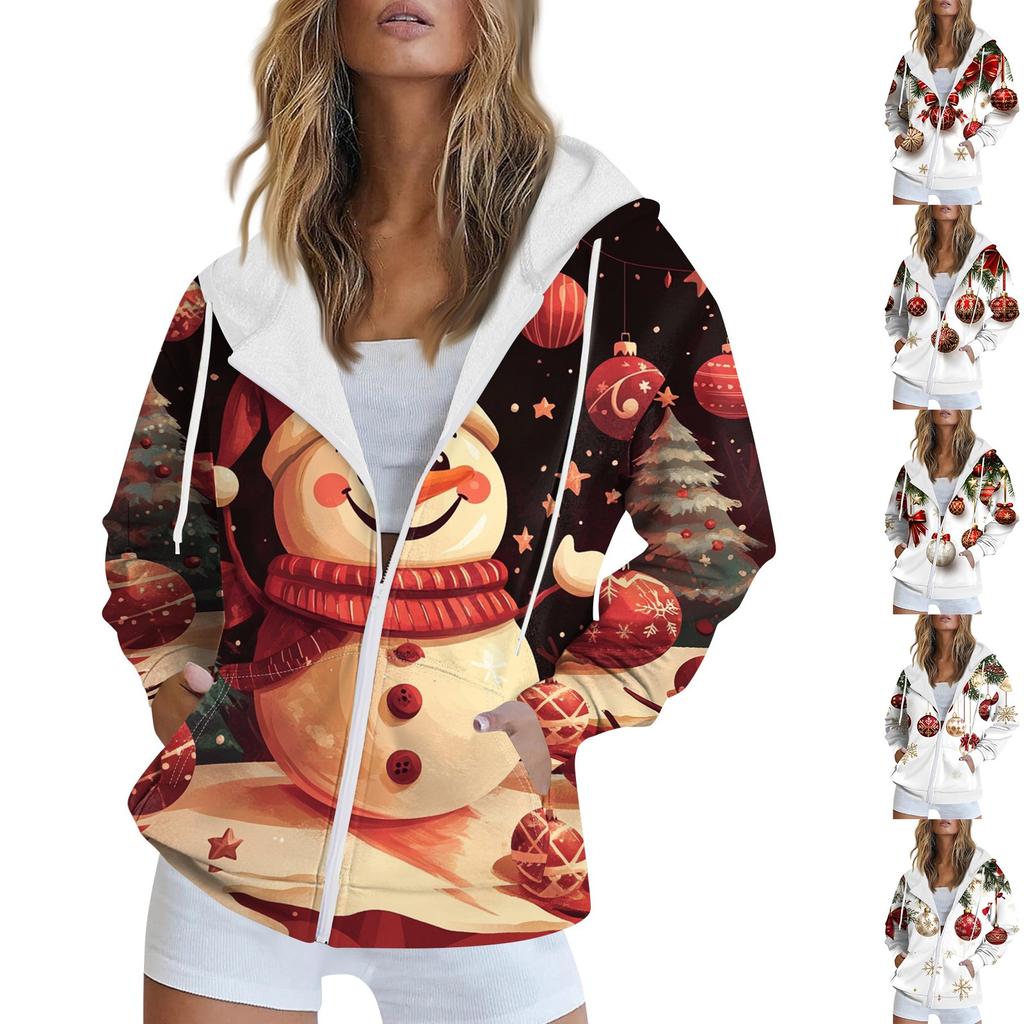 Женская рождественская печатная толстовка осень-зима с длинным рукавом кардиган куртка с карманами на молнии толстовка с капюшоном верхняя одежда