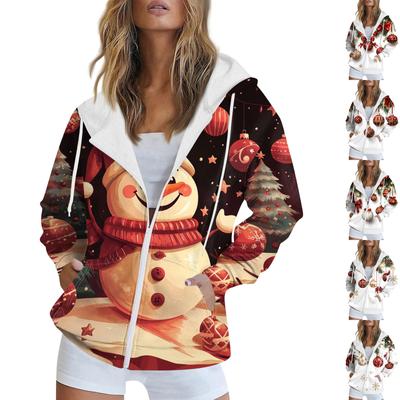 Женская рождественская печатная толстовка, зимняя куртка-кардиган с длинными рукавами и карманами, на молнии, толстовка с капюшоном, верхняя одежда