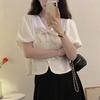 Korean Sweet V-Neck Bow Shirt Women's Clothing Elegant Single-breasted Summer Solid Color Casual Basic Short Sleeve Loose Blouse