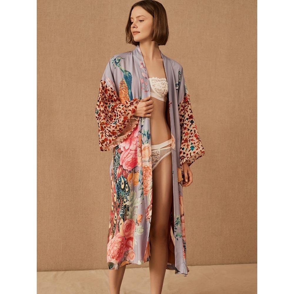 Кимоно с цветочным принтом павлина, свободные халаты с длинными рукавами и поясом, женские купальники и одежда