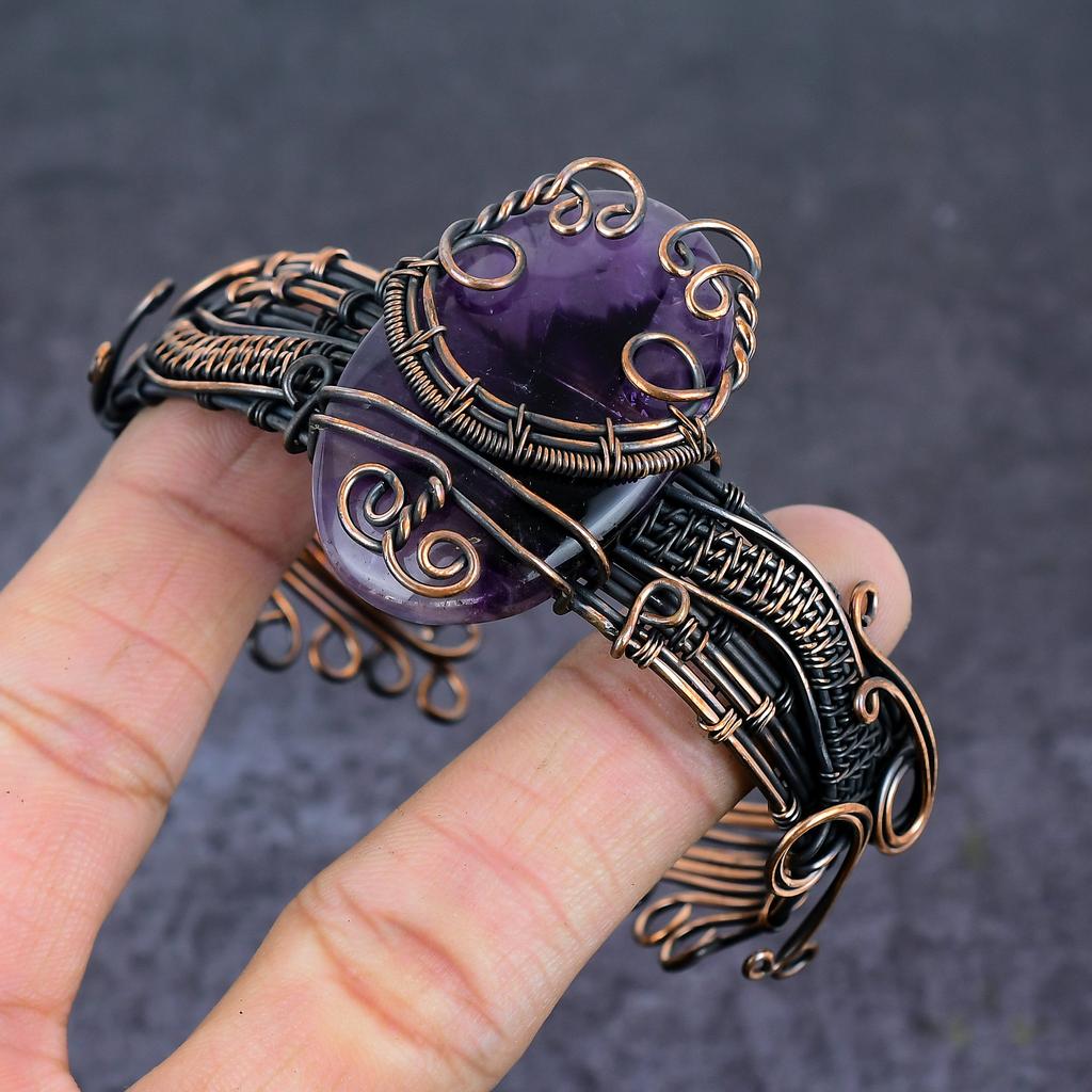 Браслет-манжета из медной проволоки с драгоценным камнем Sage Amethyst, регулируемый, ручной работы F8a22