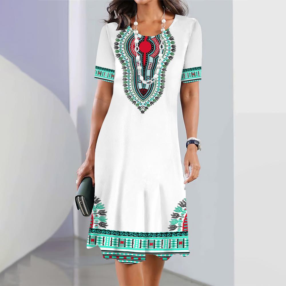 Летние женские свободные платья Винтажная геометрия Платья с короткими рукавами Праздничная повседневная юбка А-силуэта Дизайнерский национальный костюм