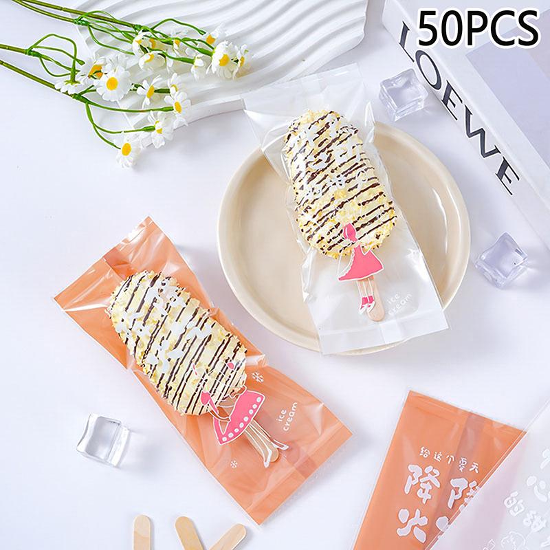 50pcs Food Grade Ice Cream Bags Disposable Plastic Popsicle Protective Cover Storage Transparent Ice Popsicle Packing Bag DIY