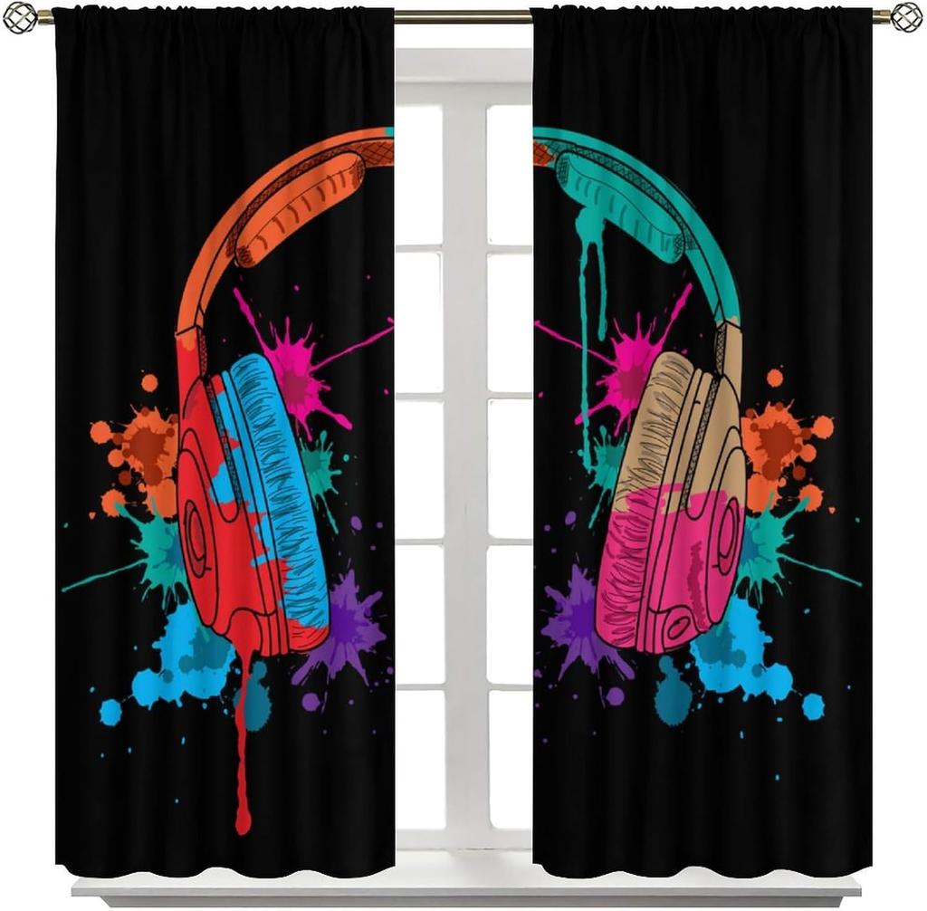 Colorful Graffiti Curtains Music Headphones DJ Art Print Blackout Window Drapes for Bedroom Living Room Kitchen Cafe Decor