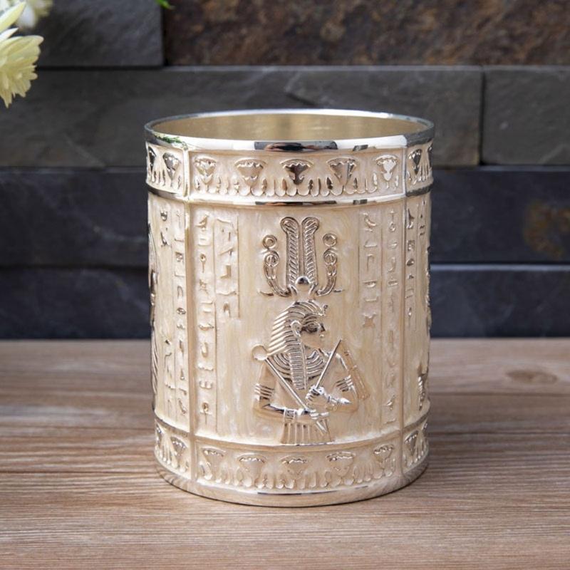 Retro Egyptian Embossed Pen Stand Cylinder Shape Alloy Pen Cup Desktop Organiser Storage Box for Office Desk Decoration