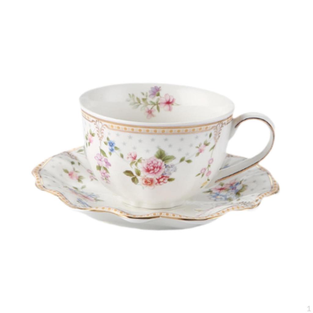 Ceramic Coffee Mug Porcelain Cups and Saucer Set Floral Tea Cappuccinos Gift for Family