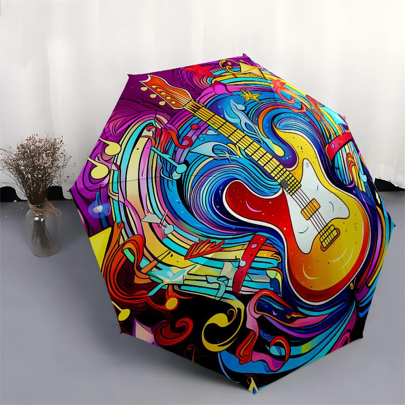 Guitar Art Automatic folding umbrella simple eight rib design, bright color pattern, durable iron frame, ideal for travel and outdoor, beac