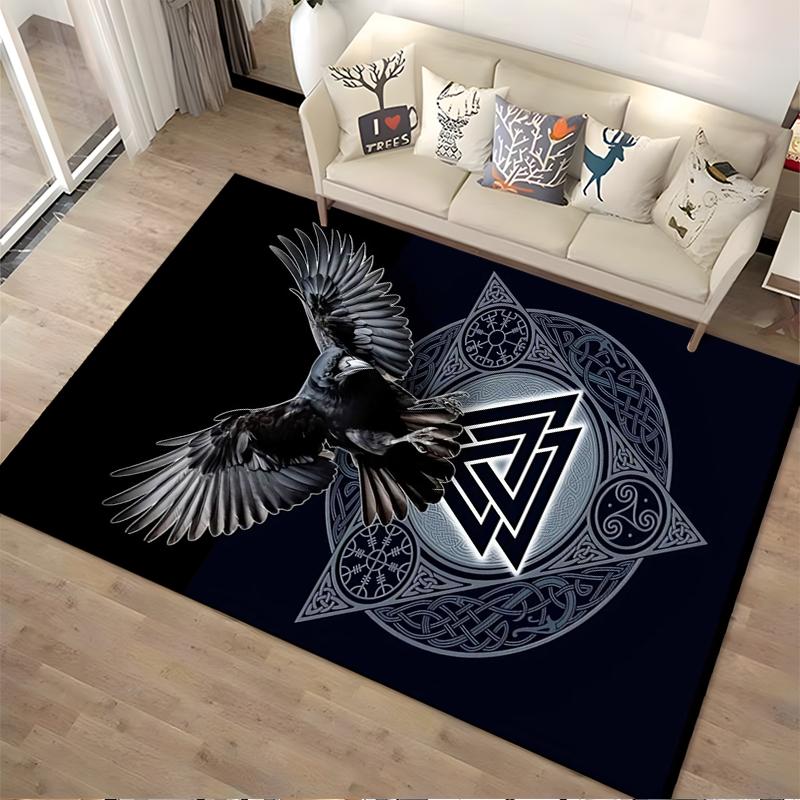 Raven with Norse Symbols Rug Non-slip rug suitable for living room and bedroom sofas