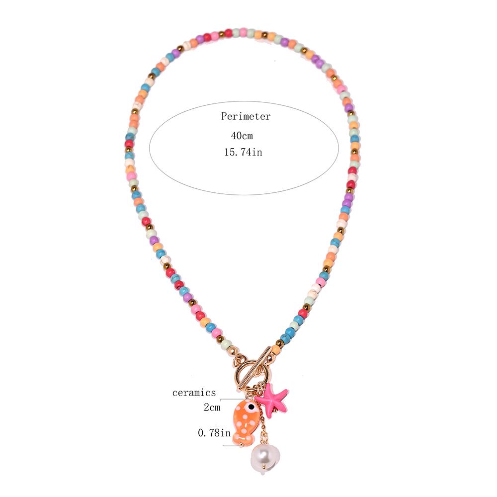 Bohemian Sea-Inspired Ceramic Fish & Starfish Pendant Necklace with 4mm Synthetic Turquoise Beads, Lightweight Beach Jewelry