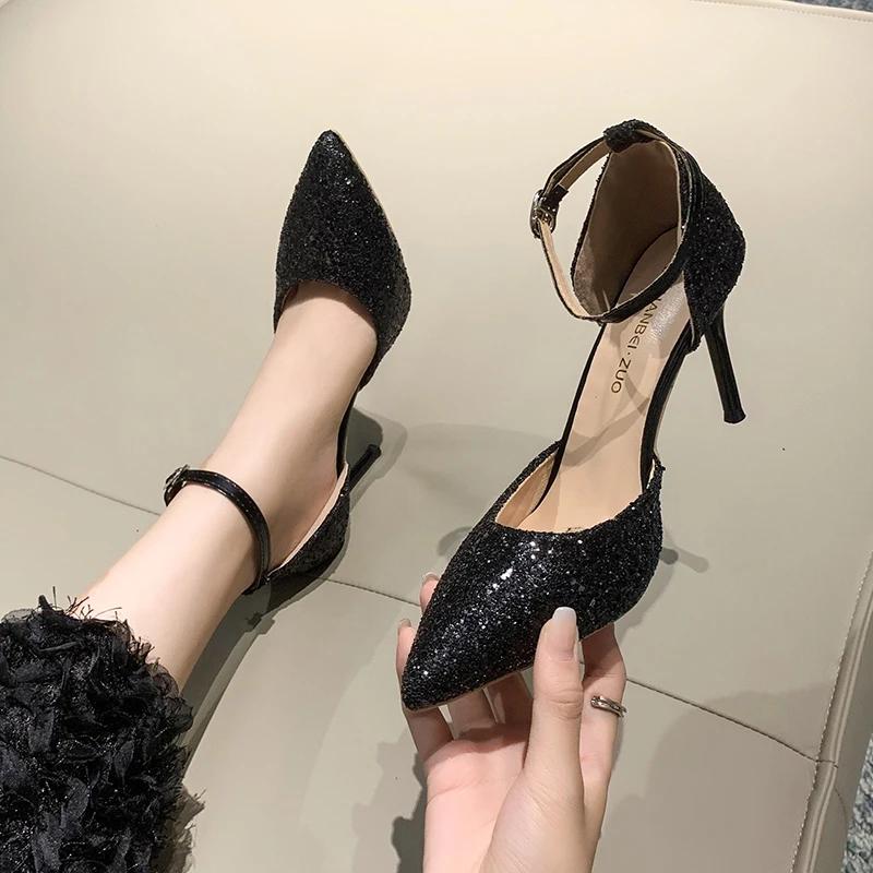 2024 Shoes for Women 2024 Pearl Ankle Strap Women's High Heels Bling 2024 Wedding Shoes Ladies Pointed Toe Shallow Stiletto Pumps