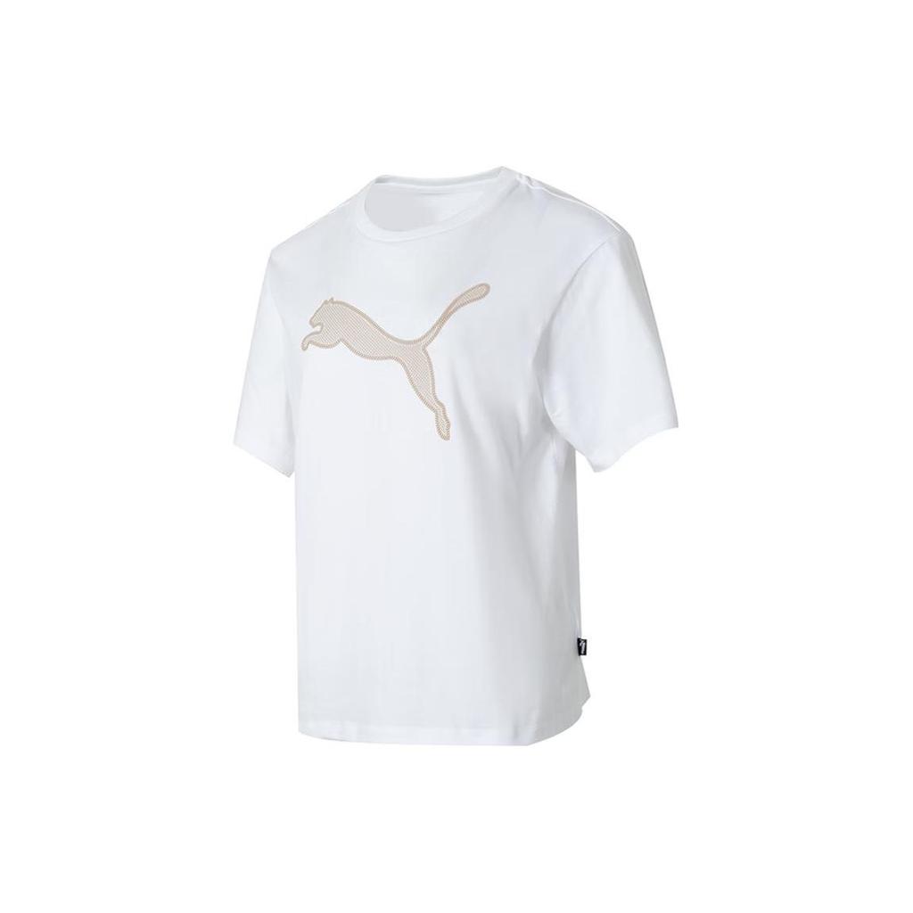 Puma Logo Print Simple Breathable Sports Training Outdoor Leisure Round Neck Short Sleeve Drop Shoulder T-Shirt Women Tops White 682164-02