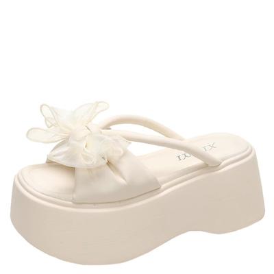 Модные женские тапочки с бантом, летние женские пляжные шлепанцы, босоножки на танкетке, женские кожаные туфли на высокой платформе 8 см