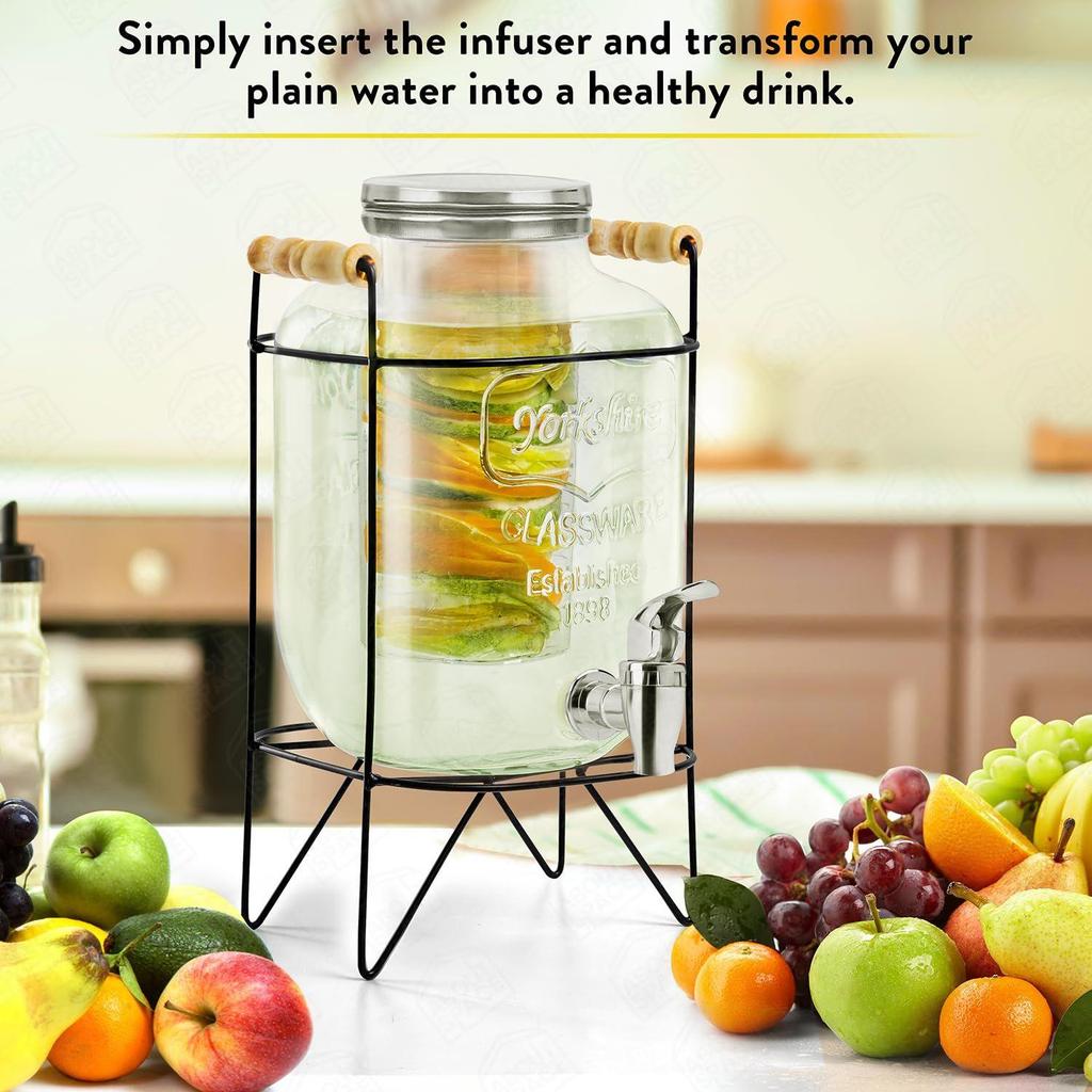 5 Litre Glass Water Dispenser with Tap, Infuser & Stand - Air Tight Lid Detox Water Jar - Mason Jar - Counter Tabletop Juice