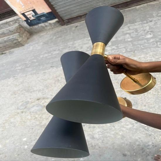 Mid-Century Modern Italian Diabolo Sconce Pair Black Brass Double Cone Wall Light Bedroom, Living Room, or Hallway Elegant MCM Lighting