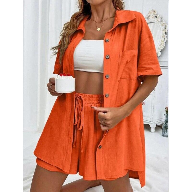 Женские шорты с широкими штанинами, летние рубашки, костюм из двух предметов, повседневная длинная блузка с короткими рукавами и карманами, свободная одежда
