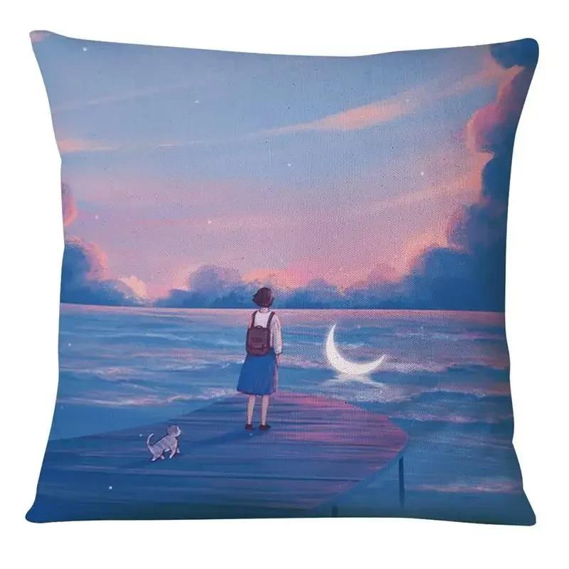 Наволочка в японском стиле с рисунком мультфильма для маленькой девочки, наволочка с принтом неба, украшение для спальни, дивана, наволочка