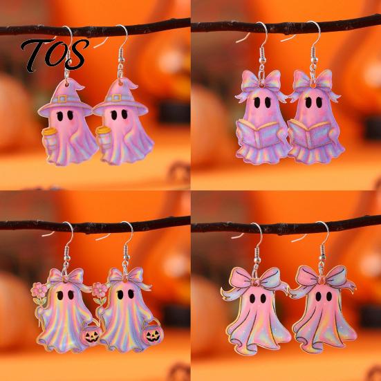 Halloween Earrings 1 Pair Acrylic Earrings, Cute Pink Ghost Dangle Comfortable Accessories Drop Holiday Costume Jewelry for Women Allergy-free