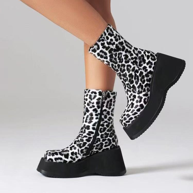Women Leopard Platform Ankle Boots Fashion Wedges High Heels Shoes Winter 2025 Trend Designer New Pumps Goth Chelsea Botas Mujer