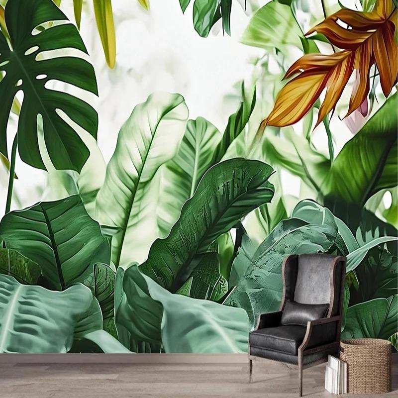 Расписанные вручную скандинавские фрески с изображением листьев тропических растений, обои для ТВ, дивана, фоновые обои, домашний декор