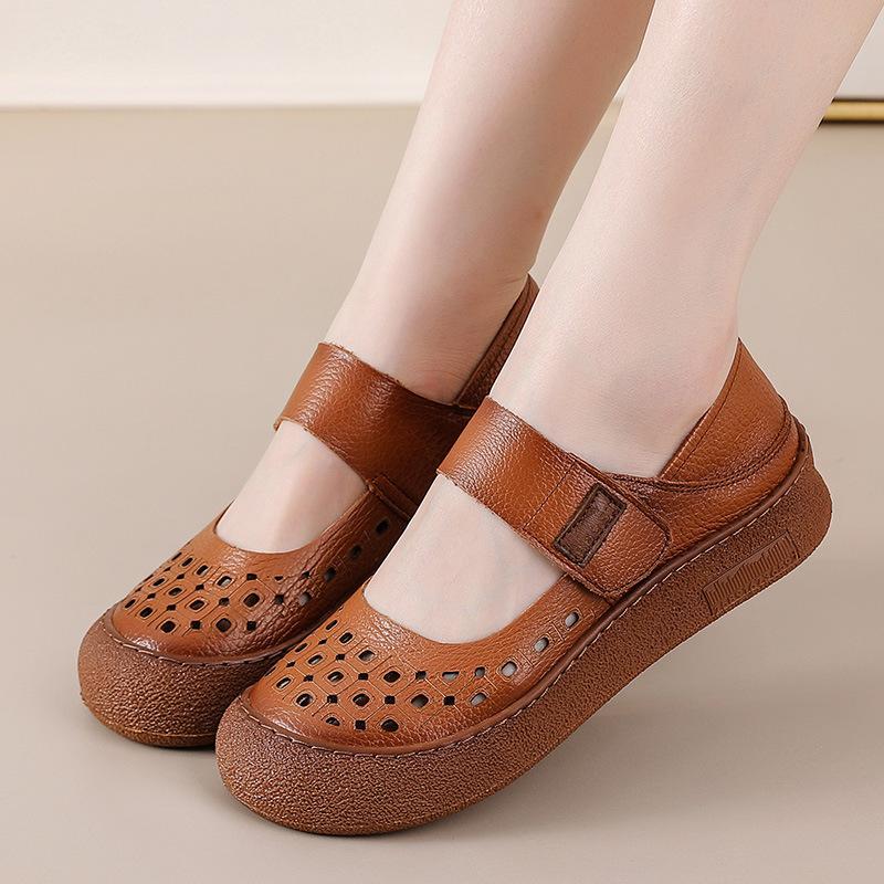 Handmade Light Luxury Retro Fashion Genuine Leather Hollowed Out Cowhide Sandals - Velcro Flats Women's Shoes