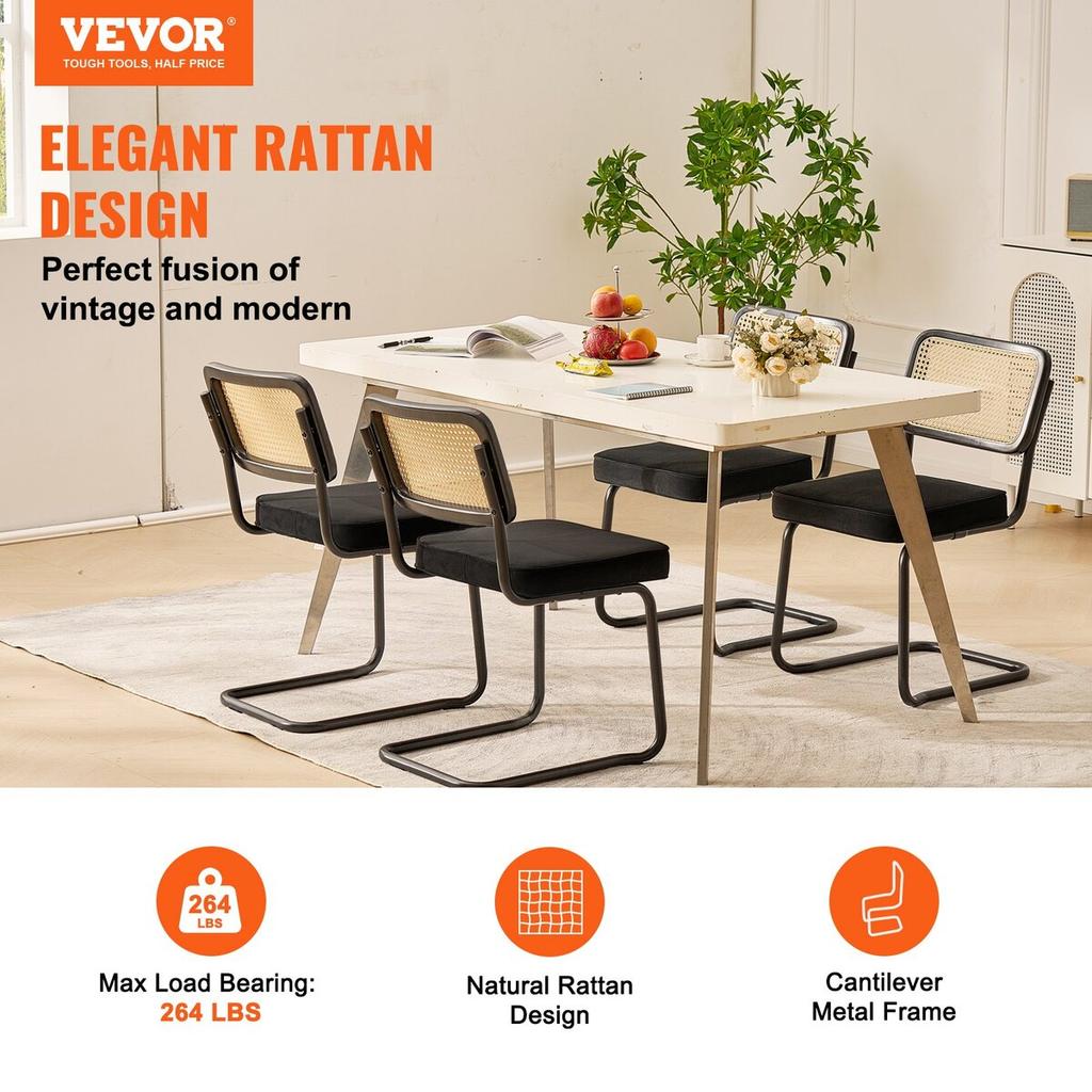 Rattan Chairs, Set of 4, Mid Century Modern Dining Chair, Upholstered Velvet Accent Chair with Rattan Back, Retro Dining Room Kitchen Chair for Living