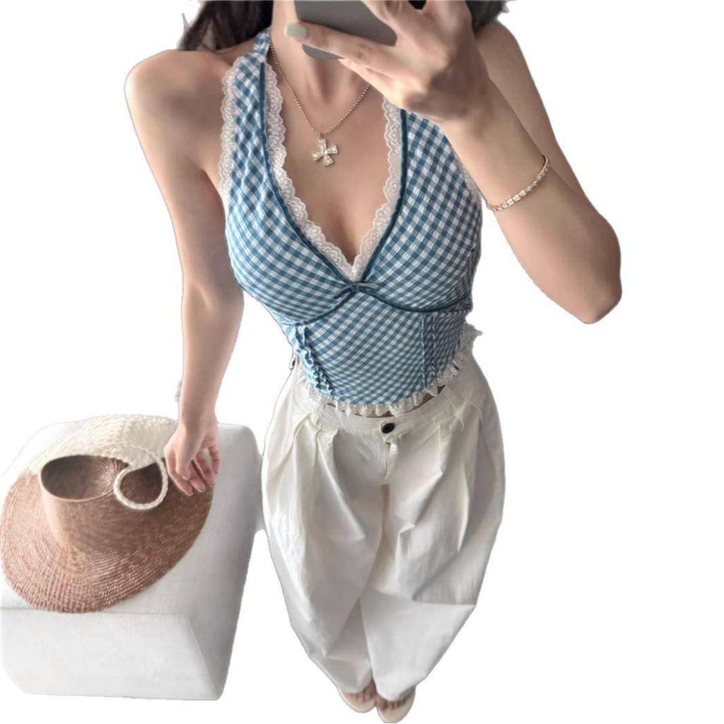 Чистый и Сексуальный Красный Клетчатый Кружевной Топ-Холтер - Женская Летняя Майка