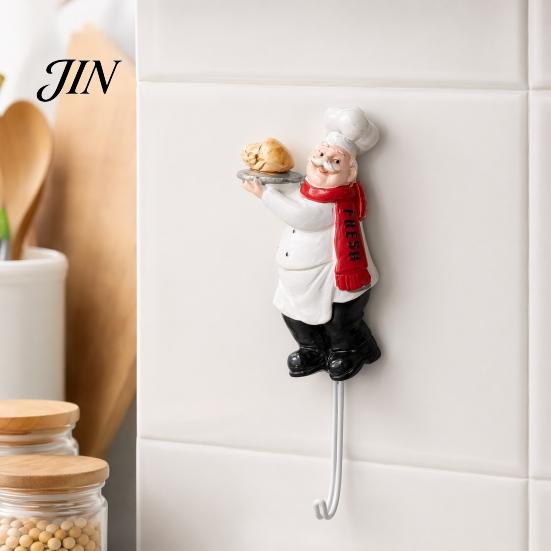 Removable Wall Hook Cute Chef Shape Hook, Strong Resin Kitchen No Punch Hole Adhesive Backing Decorative for Home Hang Utensils Dishcloths Aprons For